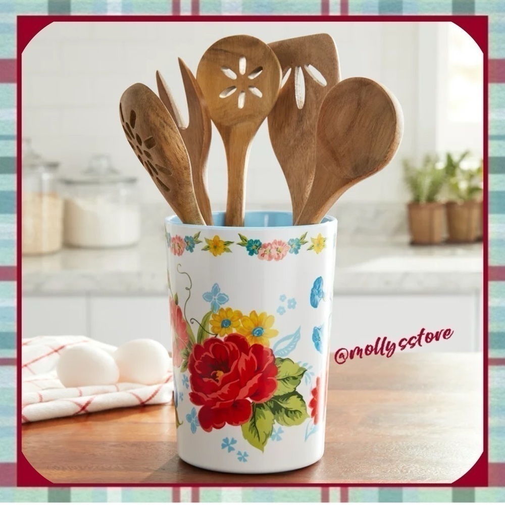 🩷 New Pioneer Woman Sweet Rose Melamine Crock and Wooden Utensils - Picture 6 of 10